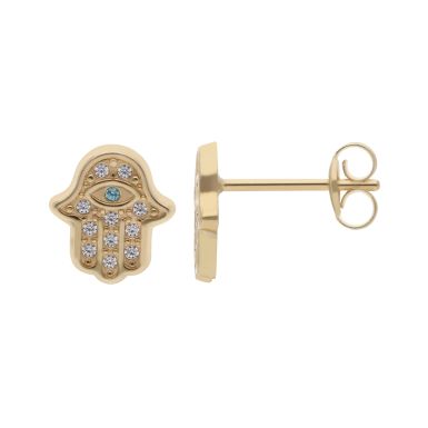 New 9ct Yellow Gold Cubic Zirconia Hamsa Hand Stud Earrings