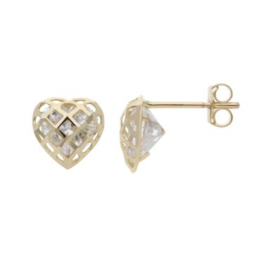 New 9ct Yellow Gold Cubic Zirconia Heart Caged Stud Earrings