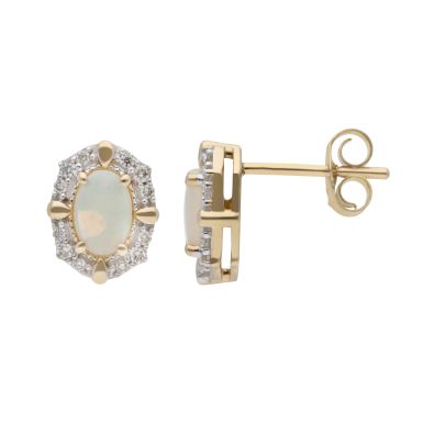 New 9ct Yellow Gold Opal & Diamond Stud Earrings