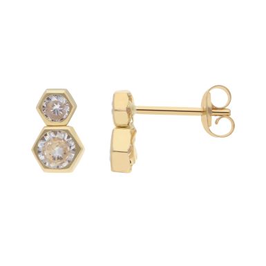 New 9ct Yellow Gold Cubic Zirconia Hexagon Stud Earrings