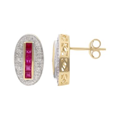 New 9ct Yellow Gold Ruby & Diamond Oval Stud Earrings