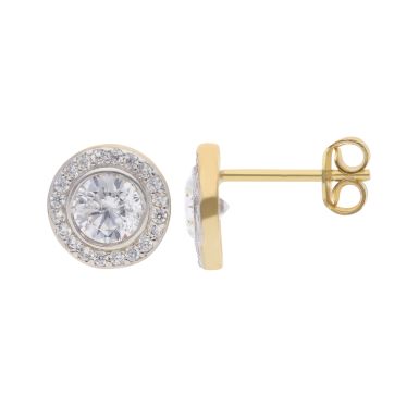New 9ct Yellow Gold Cubic Zirconia Round Halo Stud Earrings