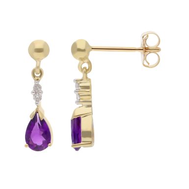 New 9ct Yellow Gold Amethyst & Diamond Drop Earrings