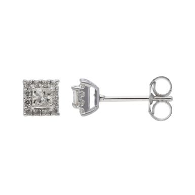 New 9ct White Gold 0.28ct Princess Cut Diamond Halo Earrings