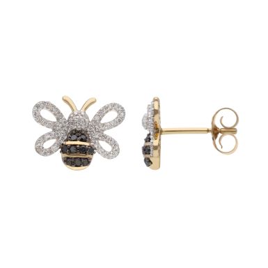 New 9ct Yellow Gold Black & White Diamond Bee Stud Earrings