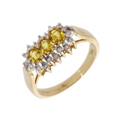 New 9ct Gold Yellow Sapphire & Diamond Triple Cluster Ring