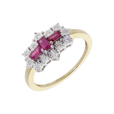 New 9ct Yellow Gold Ruby & Diamond Boat Shaped Cluster Ring