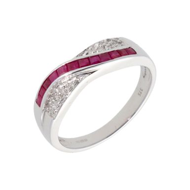 New 9ct White Gold Ruby & Diamond Wave Design Dress Ring