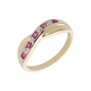 New 9ct Yellow Gold Ruby & Diamond Twist Band Ring