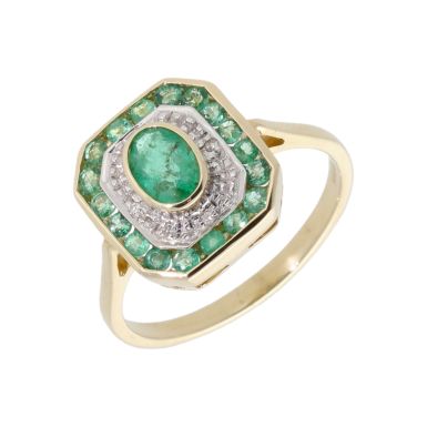 New 9ct Yellow Gold Emerald & Diamond Cluster Dress Ring
