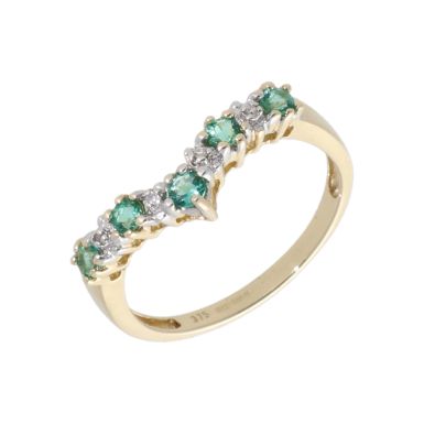 New 9ct Yellow Gold Emerald & Diamond Half Wishbone Ring