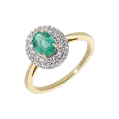 New 9ct Yellow Gold Emerald & Diamond Oval Cluster Ring