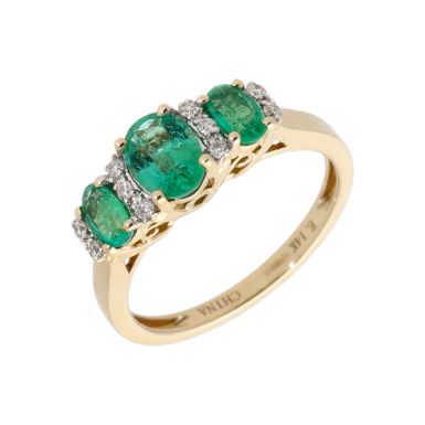 New 14ct Yellow Gold Emerald & Diamond Trilogy Style Ring