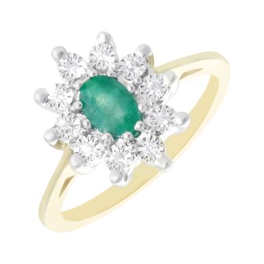 New 9ct Yellow Gold Emerald & Diamond Oval Cluster Ring