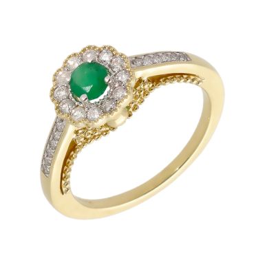 New 9ct Yellow Gold Emerald & Diamond Vintage Style Cluster Ring