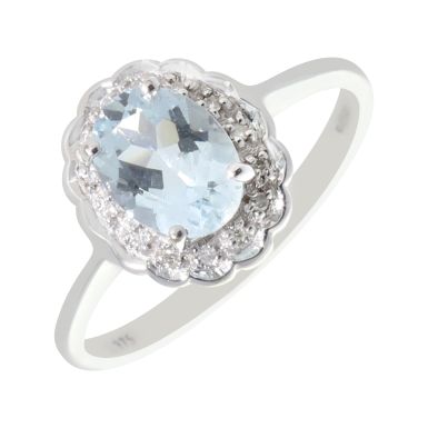 New 9ct White Gold Aquamarine & Diamond Oval Cluster Ring