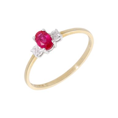 New 9ct Yellow Gold Synthetic Ruby & Diamond Trilogy Dress Ring
