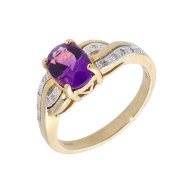 New 9ct Yellow Gold Amethyst & Diamond Dress Ring