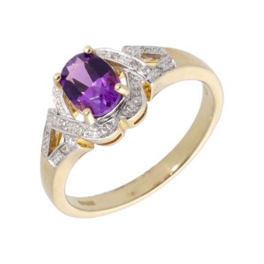 New 9ct Yellow Gold Amethyst & Diamond Dress Ring