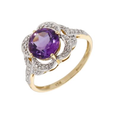 New 9ct Yellow Gold Amethyst & Diamond Dress Ring
