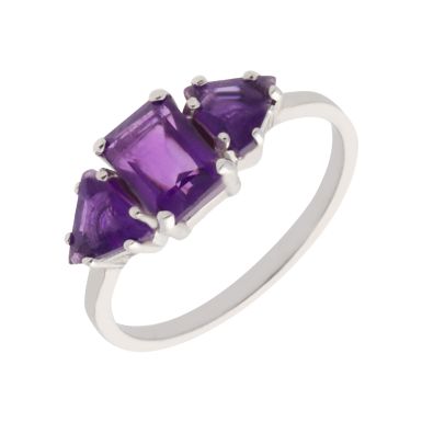 New 9ct White Gold Amethyst Trilogy Dress Ring