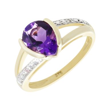 New 9ct Yellow Gold Pear Shaped Amethyst & Diamond Cluster Ring