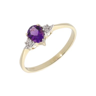 New 9ct Yellow Gold Amethyst & Diamond Pear Shaped Dress Ring