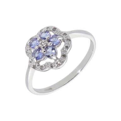 New 9ct White Gold Tanzanite & Diamond Flower Cluster Ring