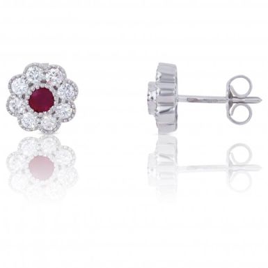 New 18ct White Gold Ruby & Diamond Flower Cluster Stud Earrings
