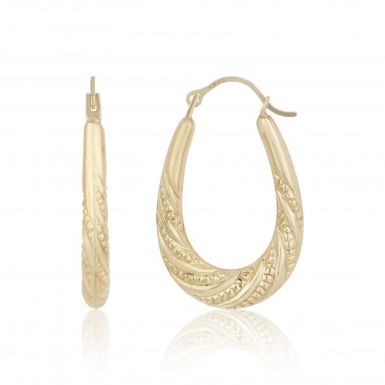 New 9ct Yellow Gold Oval Shaped Patterned Creole Hoop Earrings