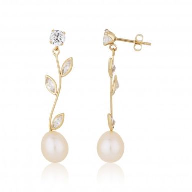 New 9ct Yellow Gold Pearl & Cubic Zirconia Flower Drop Earrings