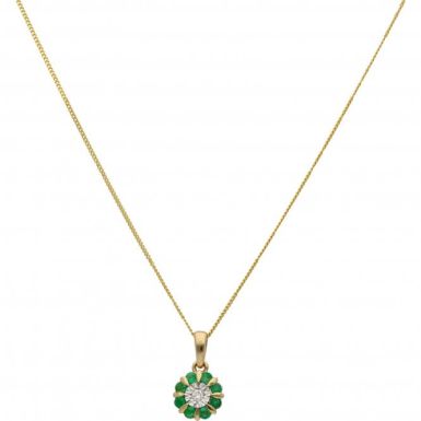 New 9ct Yellow Gold Emerald & Diamond Cluster Pendant & Necklace