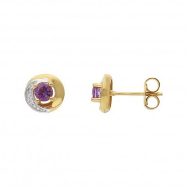 New 9ct Yellow Gold Amethyst & Diamond Swirl Stud Earrings