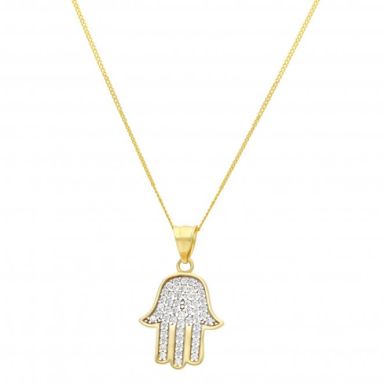 New 9ct Yellow Gold Cubic Zirconia Hamsa Hand & Chain Necklace