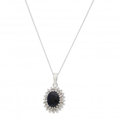 New 9ct White Gold Sapphire & Diamond Pendant & Chain Necklace