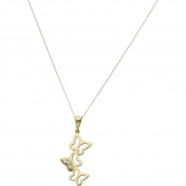 New 9ct Yellow Gold Cubic Zirconia Butterfly Pendant & Necklace