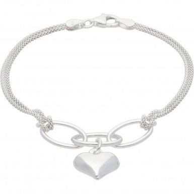 New Sterling Silver Puffed Heart Double Row Ladies Bracelet