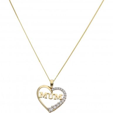 New 9ct Yellow Gold Cubic Zirconia Mum Heart Pendant & 18" Chain
