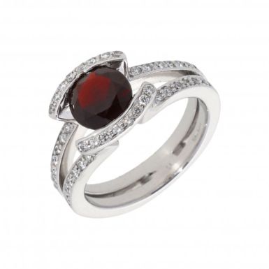 Pre-Owned 18ct White Gold Garnet & Diamond Open Shoulder Ring