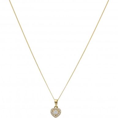 New 9ct Yellow Gold Cubic Zirconia Halo Heart & 18" Necklace