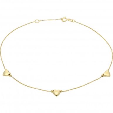 New 9ct Yellow Gold 3 Heart Adjustable 9.5" - 10" Anklet