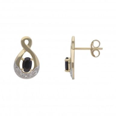 New 9ct Gold Sapphire & Diamond Loop Style Stud Earrings
