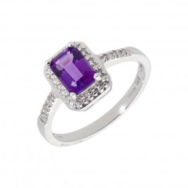 New 9ct White Gold Amethyst & Diamond Rectangle Cluster Ring