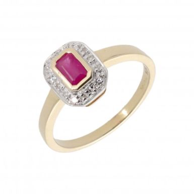 New 9ct Yellow Gold Ruby & Diamond Rectangle Cluster Ring