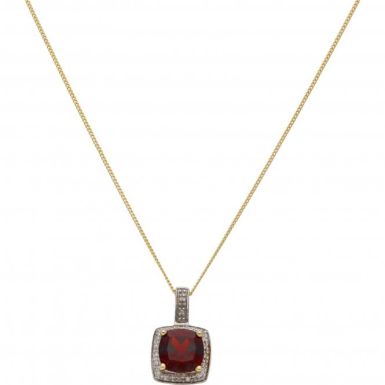 New 9ct Yellow Gold Garnet & Diamond Pendant & 18" Necklace