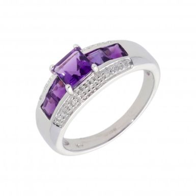 New 9ct White Gold Amethyst & Diamond Dress Ring