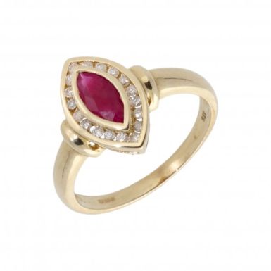 New 9ct Yellow Gold Ruby & Diamond Marquise Cluster Dress Ring
