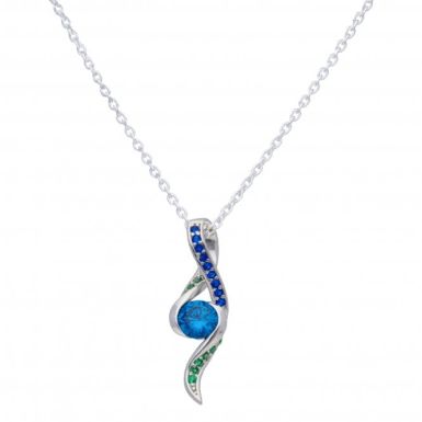 New Sterling Silver Blue & Green Cubiz Zirconia & 18" Chain