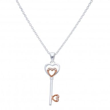 New Sterling Silver & Rose Cubic Zirconia Heart Key & 18" Chain