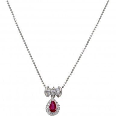 New Platinum Ruby & Diamond Bow Drop Pendant & 16" Bead Necklace